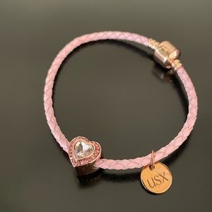 Pink Leather Heart Charm Bracelet by USX !NEW!